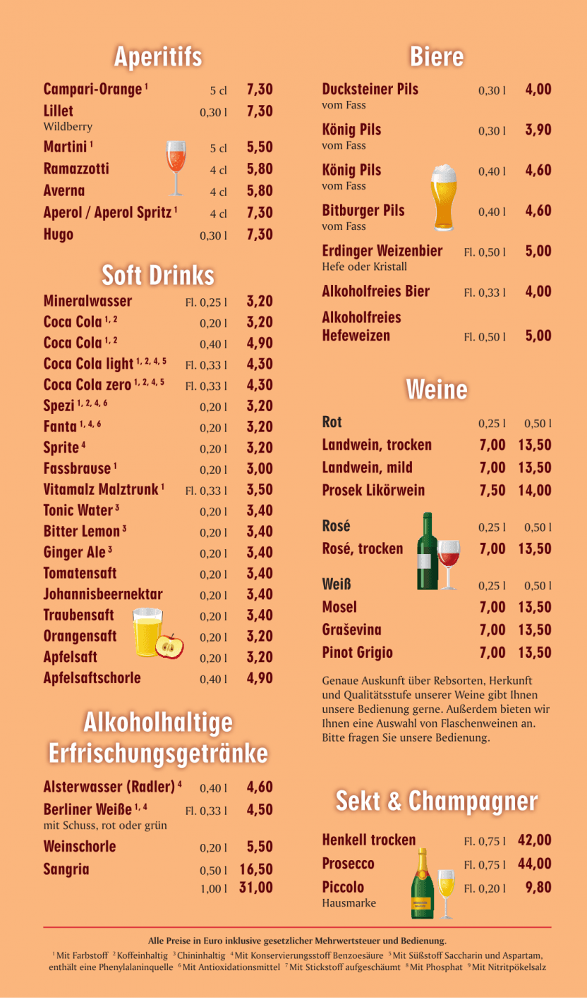 Getränkekarte: Aperitifs, Soft Drinks, Biere, Weine, Sekt