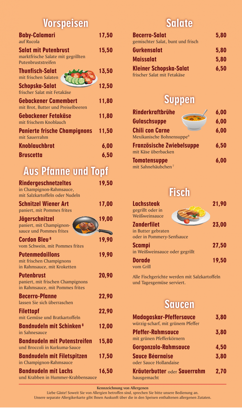 Speisekarte: Vorspeisen, Salate, Suppen, Aus Pfanne und Topf, Fisch, Saucen