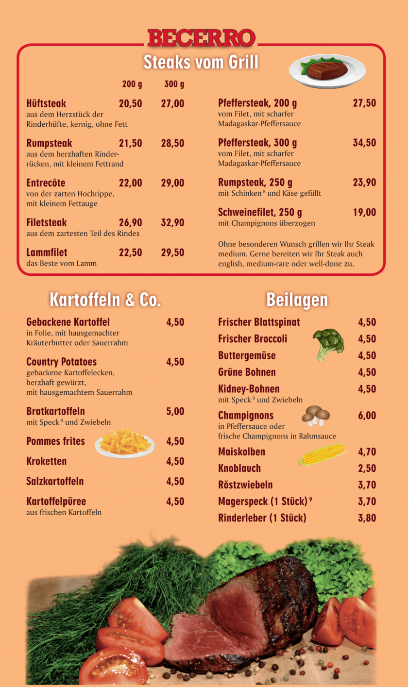 Speisekarte: Steaks vom Grill, Kartoffeln & Co., Beilagen